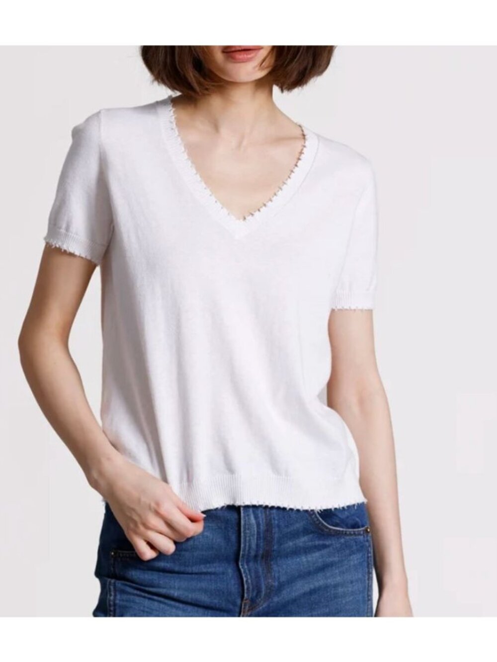 Minnie Rose Cotton Cashmere Frayed V Tee Sweater White Medium